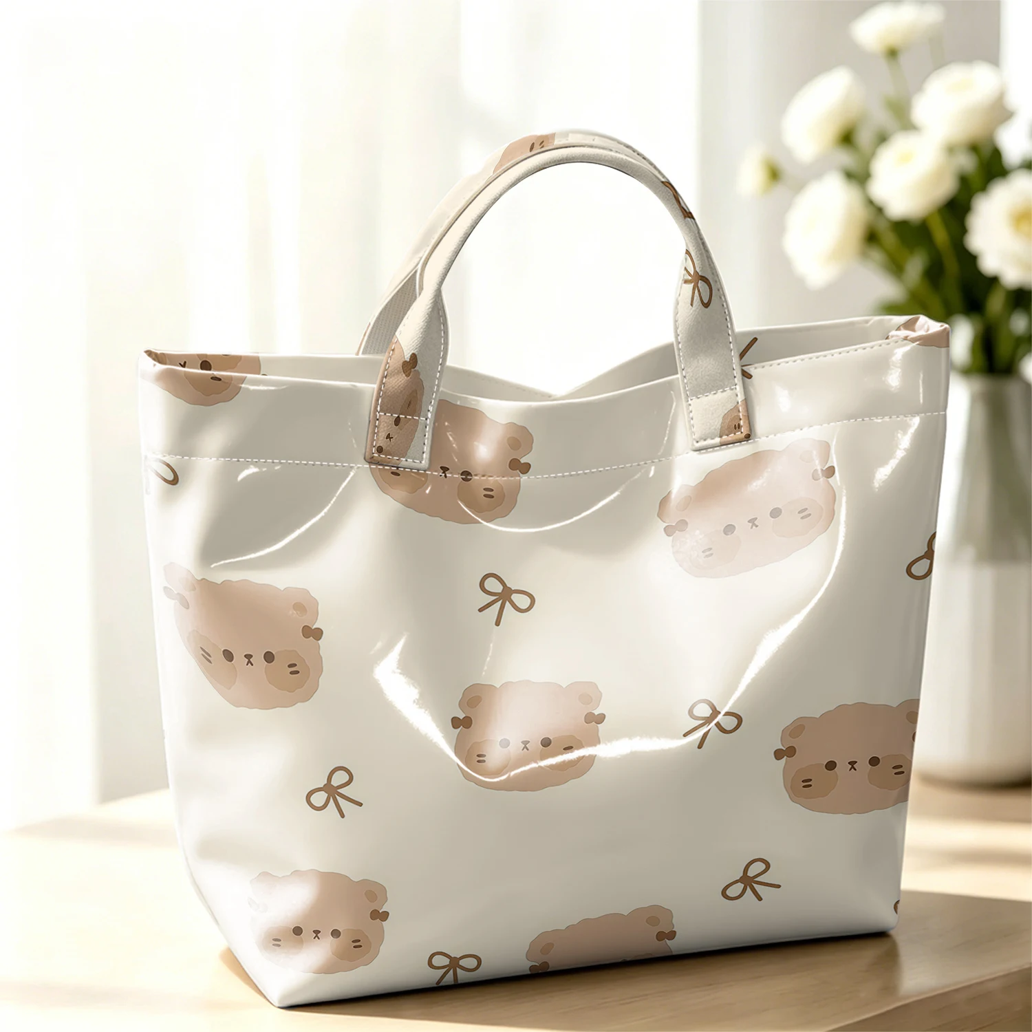 Pastel Teddy Bear Hot Sale Large Glossy PVC Tote Bag Hand Washable Waterproof Great for Travel Commute Makeup Storage Handbags