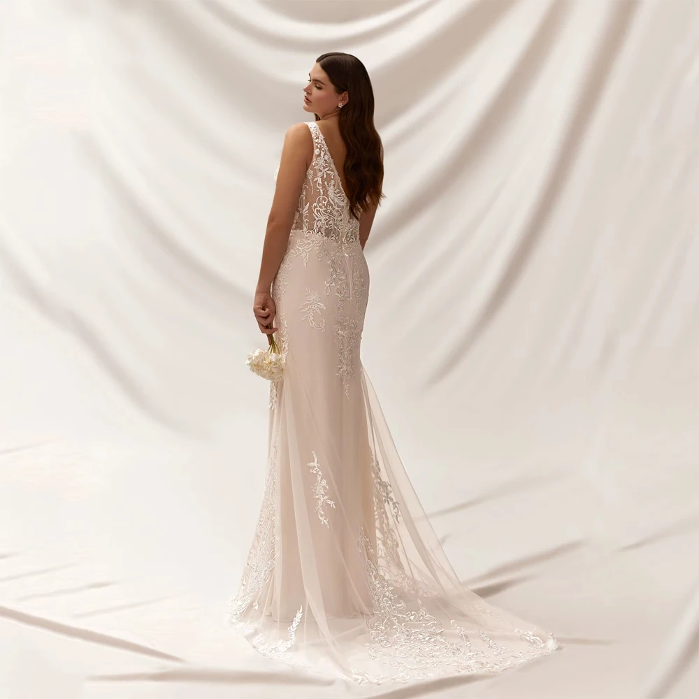 Customized Plus Size Mermaid Wedding Dress Backless Appliques Lace Classic Bride Gowns Sleeveless Vestidos Bridal Gown