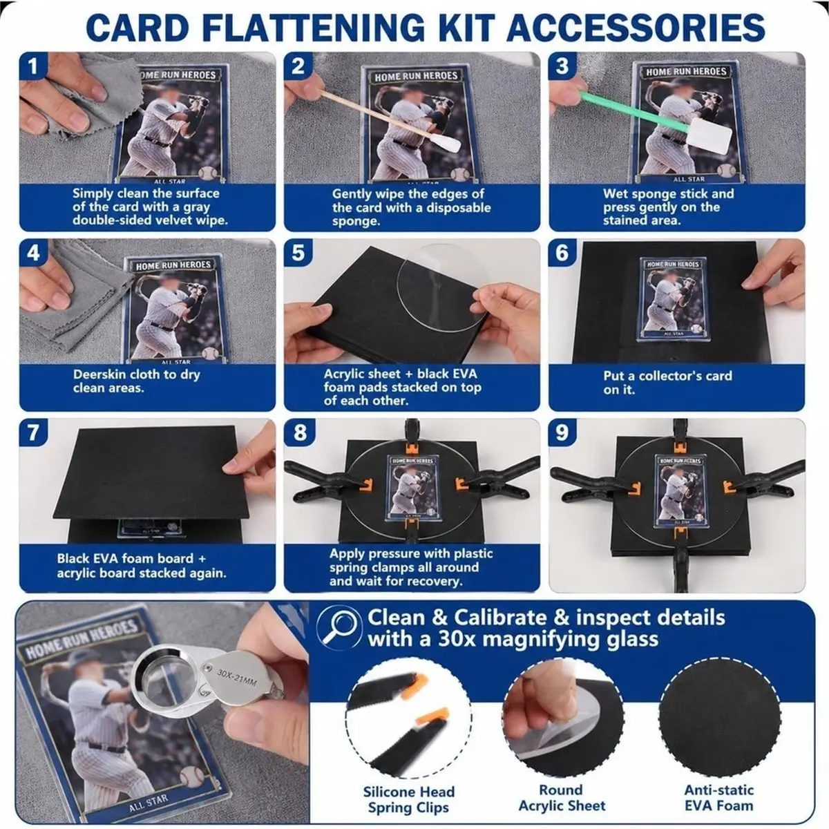 Trade Card Cleaning Kit, Trading Cards Flattening Care Tool Accessory Kit & Sports for PSA Rated and Flatten Edges.