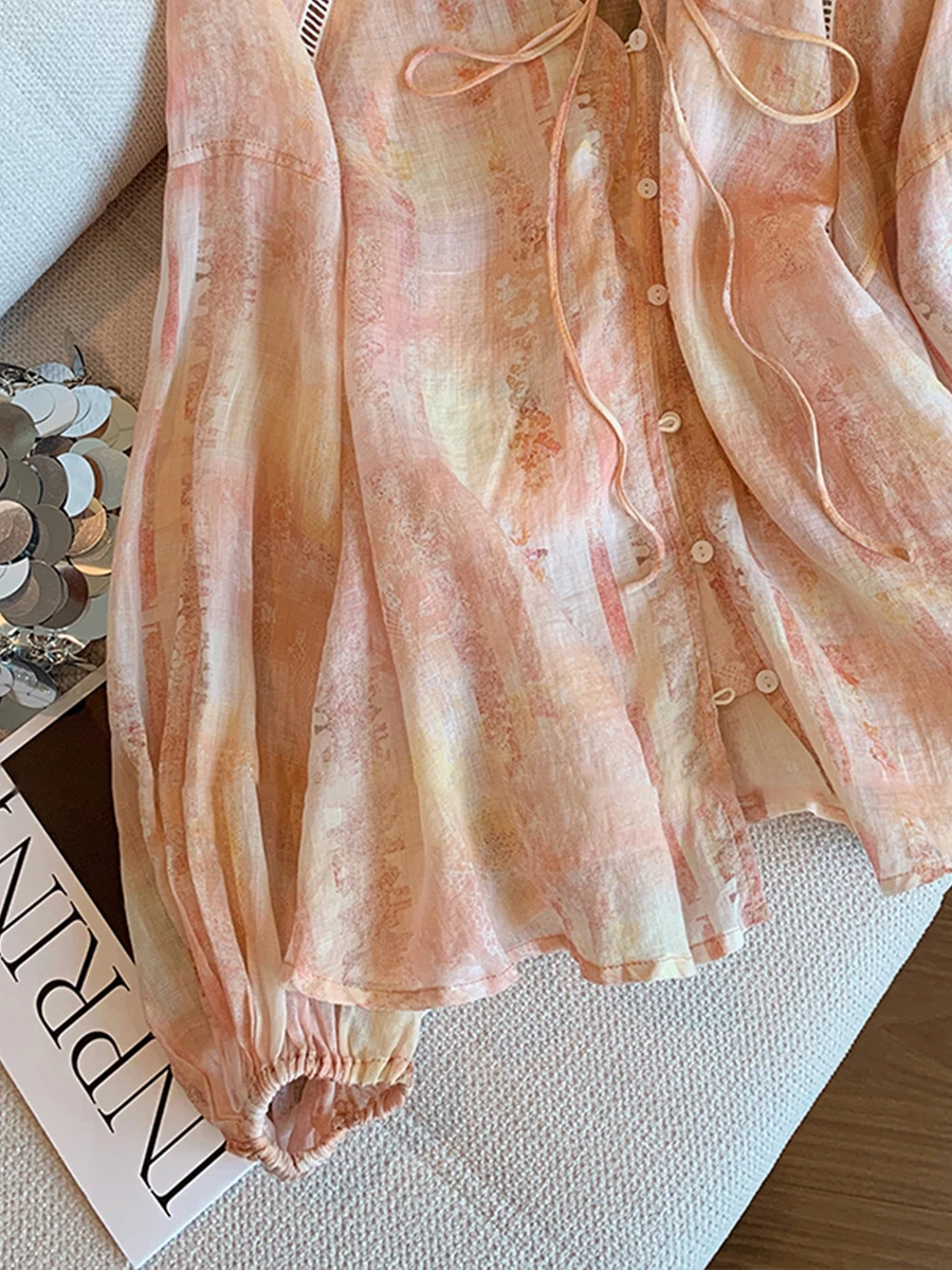 Chic Lace Trim Long Sve irt Women's Casual Sle Thin Material V-Ne Button-Up Loose Fit Autumn Faion Top