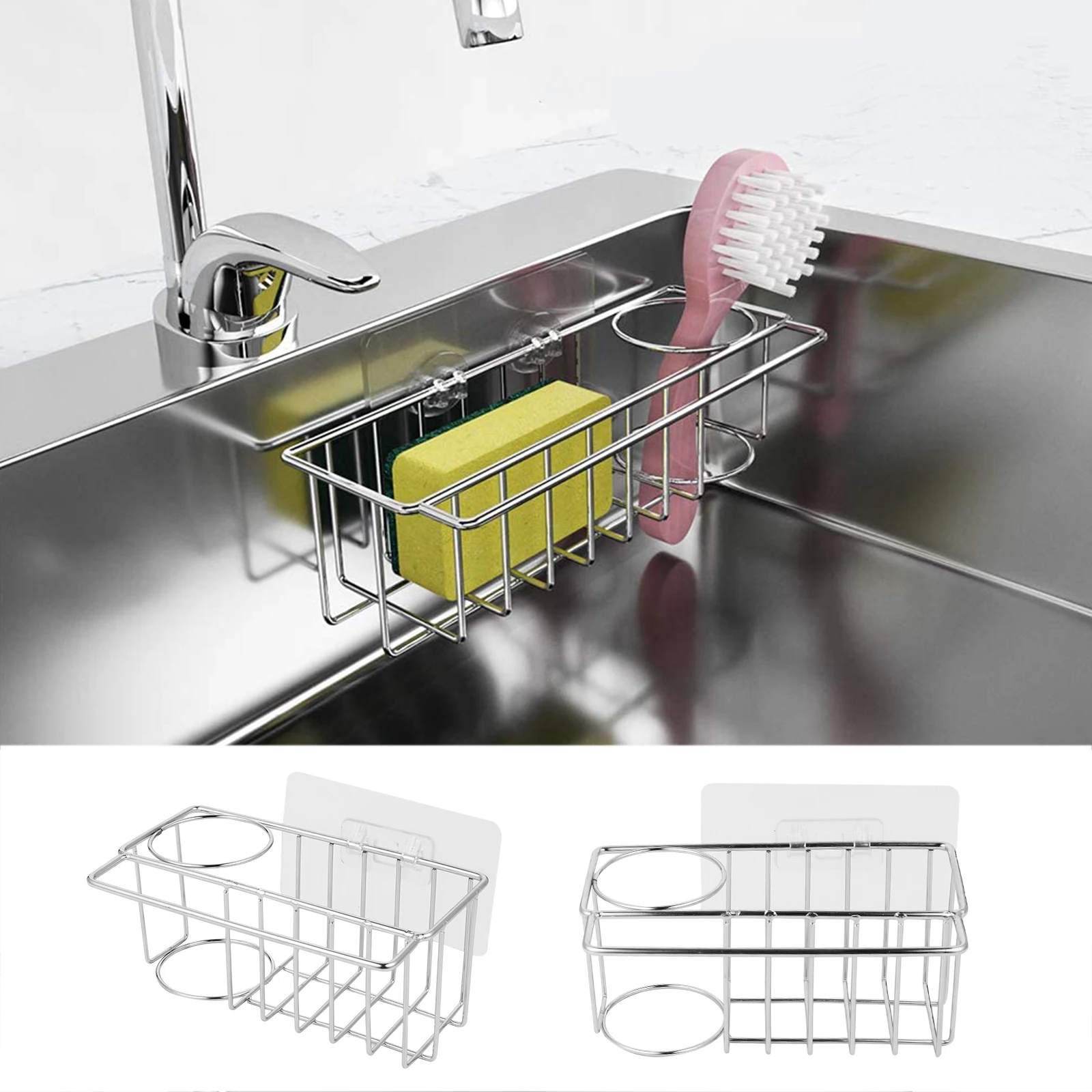 

Kitchen Sink Stainless Steel Sponge Holder Rust-Proof Waterproof Brush Drainer Rack Sink Storage Shelf