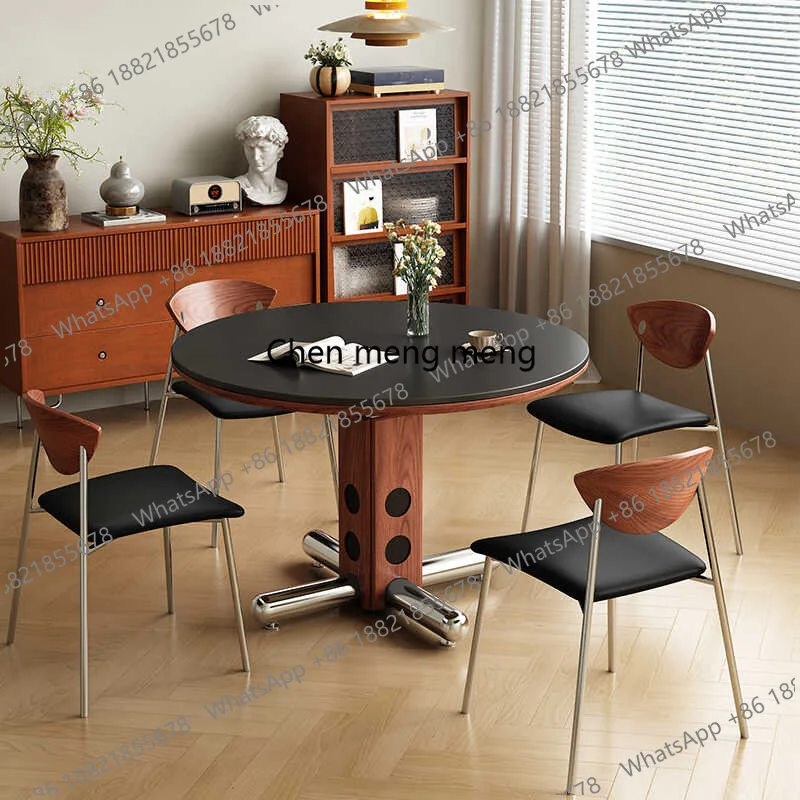 

Stylish Home Rock Slab Surface Cafe Table Minimalist Round Dining Table with Steel Leg Kitchen Dining Room Table for Small Space