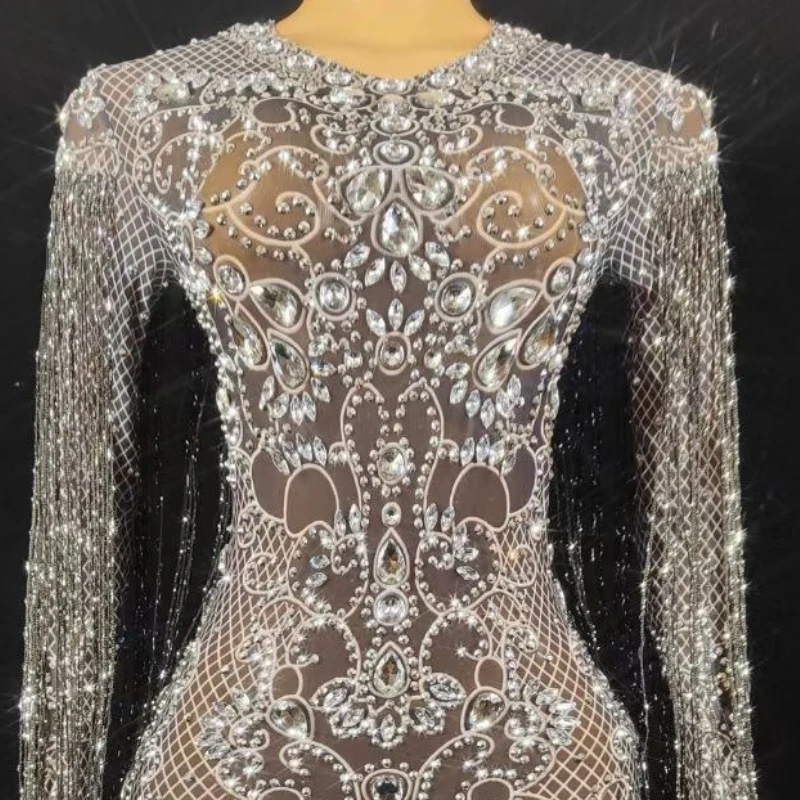 Luxury Rhinestone Fringed Stretch Dress Sexy Bar Stage Performance Costume Vestidos De Mujer Elegantes Para Fiesta Sheer Dresses