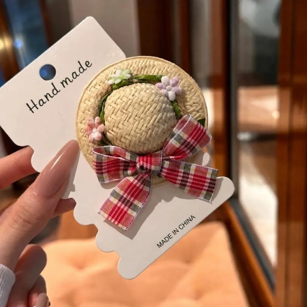 New Straw Woven Hair Clip Plaid Bow Cute Side Hair Barrette Shell Hat Shape Seaside Style Hair Accessory Beach Trip