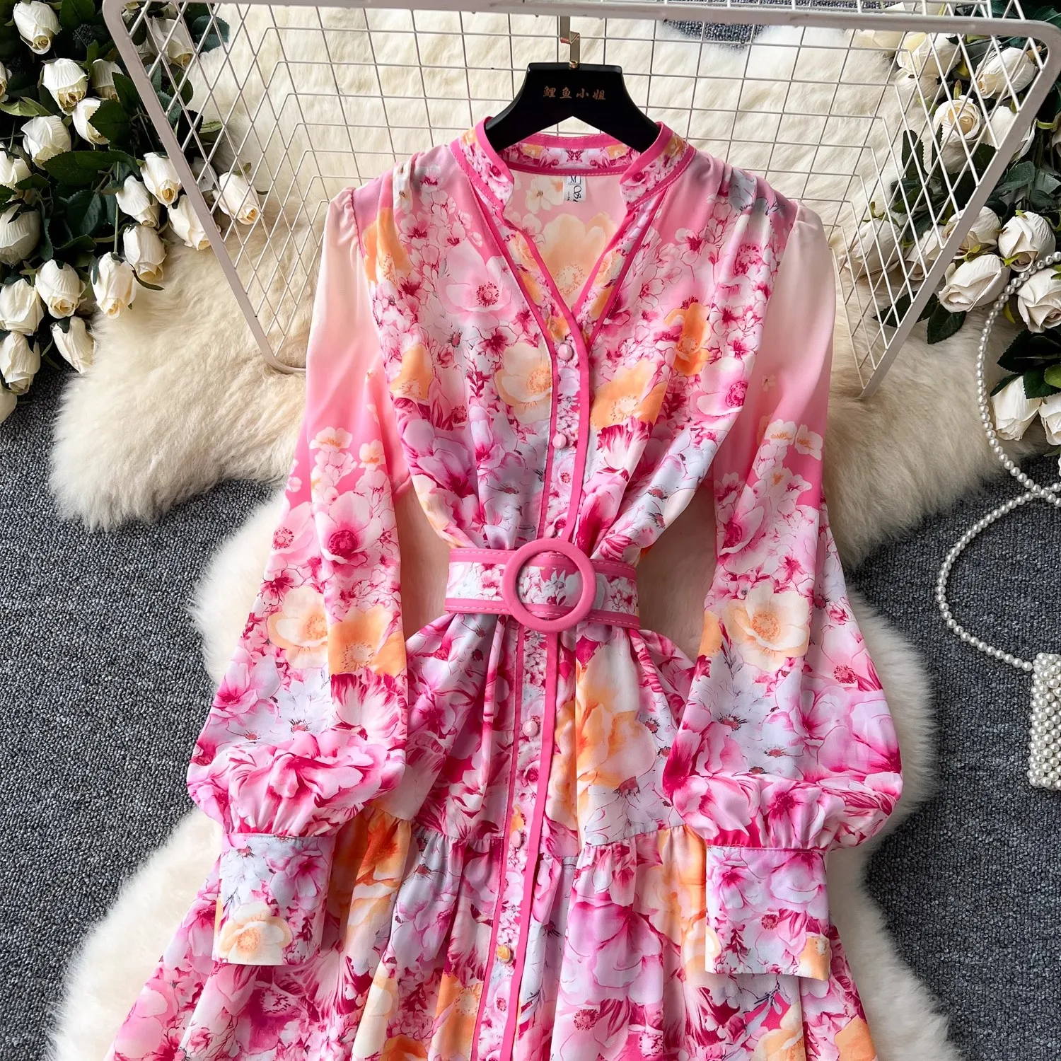 Elegante Herfst Roze Prachtige Bloem Vakantie Lange Jurk Boho Vrouwen V-Hals Lantaarn Mouw Print Chiffon Riem Maxi Robe Vestidos