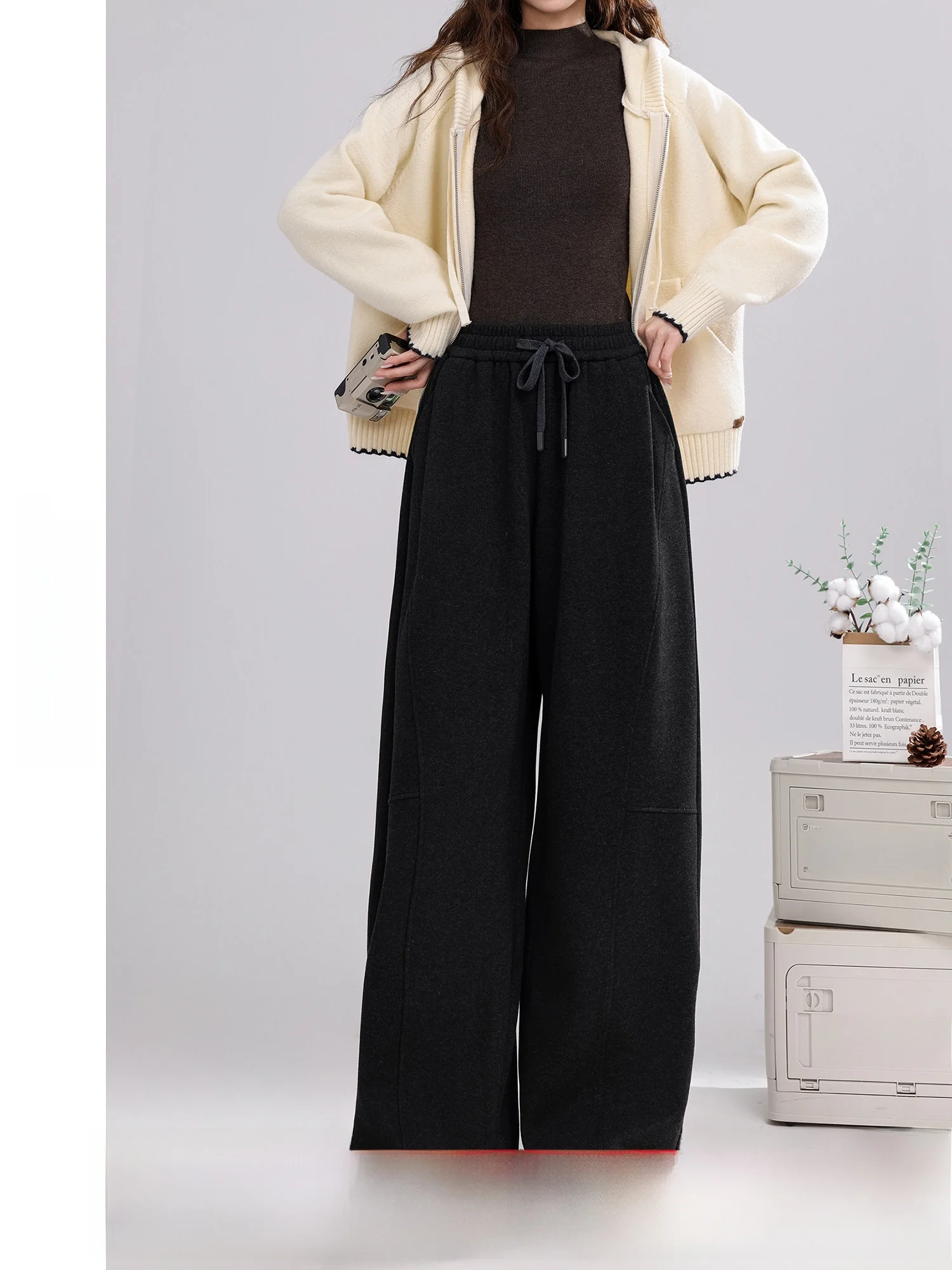 

Commute Casual Pants Women's Bla Simple Straight Leg Pants High Waist Elastic Polyester Fiber Ladies Faion Winter New