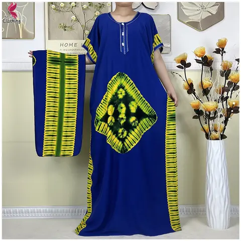 Nowe muzułmańskie abaje dla kobiet Dashiki Pure Cotton Dress Printed Loose Femme Maxi Robe African Kaftan Summer Dresses With Headscarf