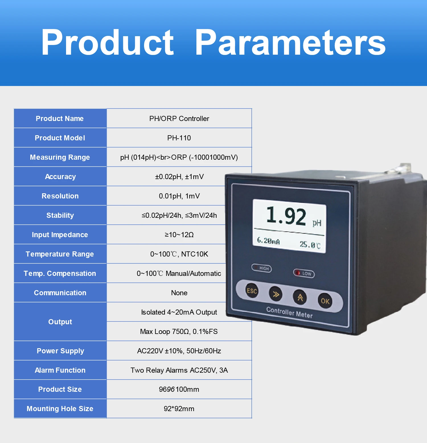 4‑20mA RS485 온라인 pH 센서 산업용 pH ORP 미터 컨트롤러 PH-110 폐수 산도 모니터 고온 패널 장착 장치