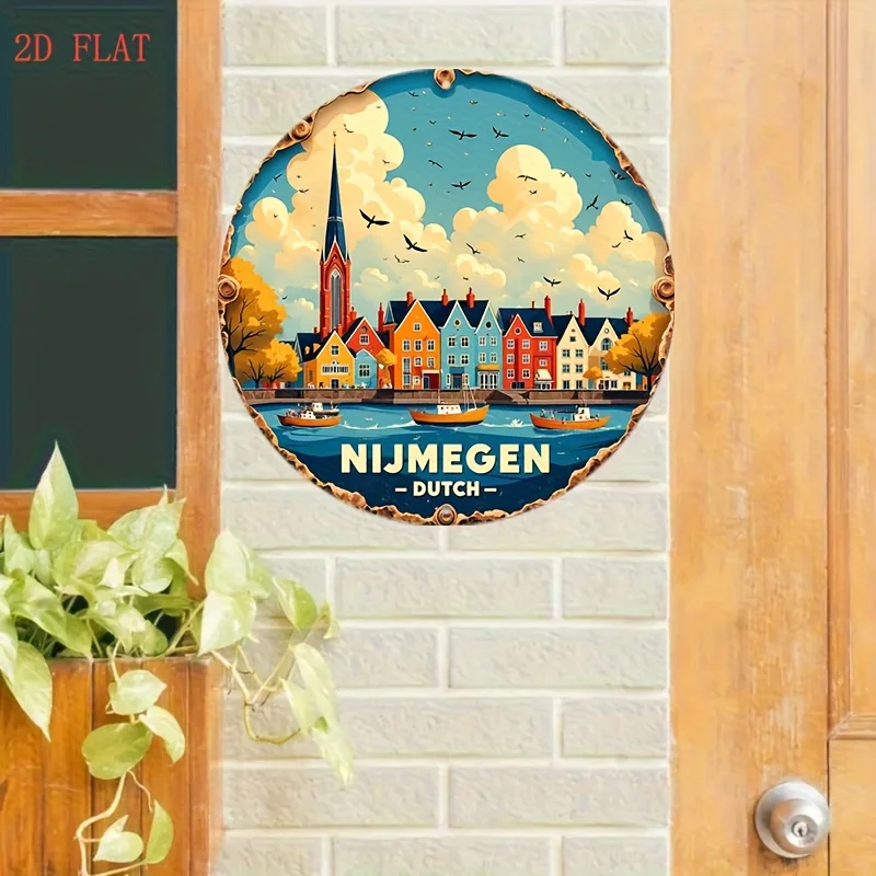 1pc 2D Flat Aluminum Posters Dutch Nijmegen River View Wall Art - Vintage European Riverside Decor Colorful Houses Boats - Light