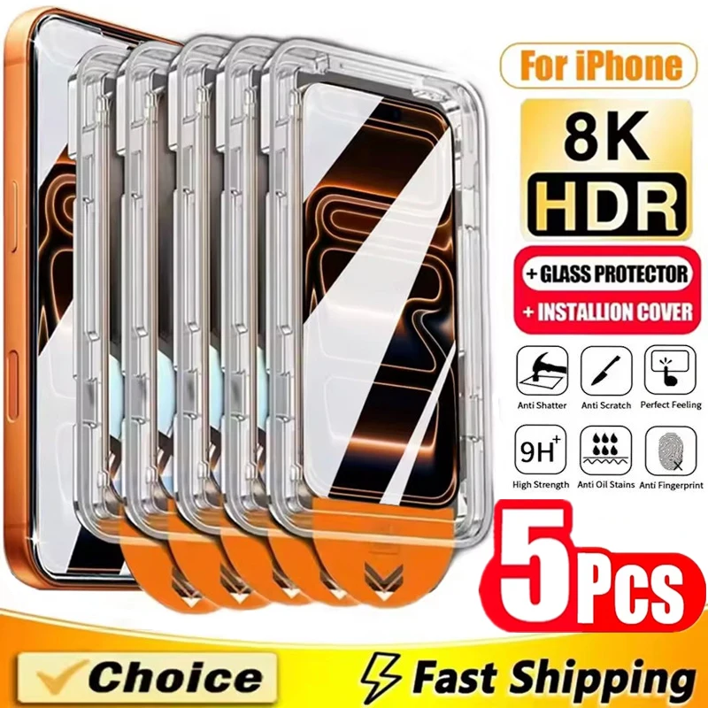 

5Pcs Oleophobic Coating Dust Free Easy Installation Screen Protector for IPhone 16 14 15 11 12 13 17 Pro Max XR XS 14 15 16 Plus