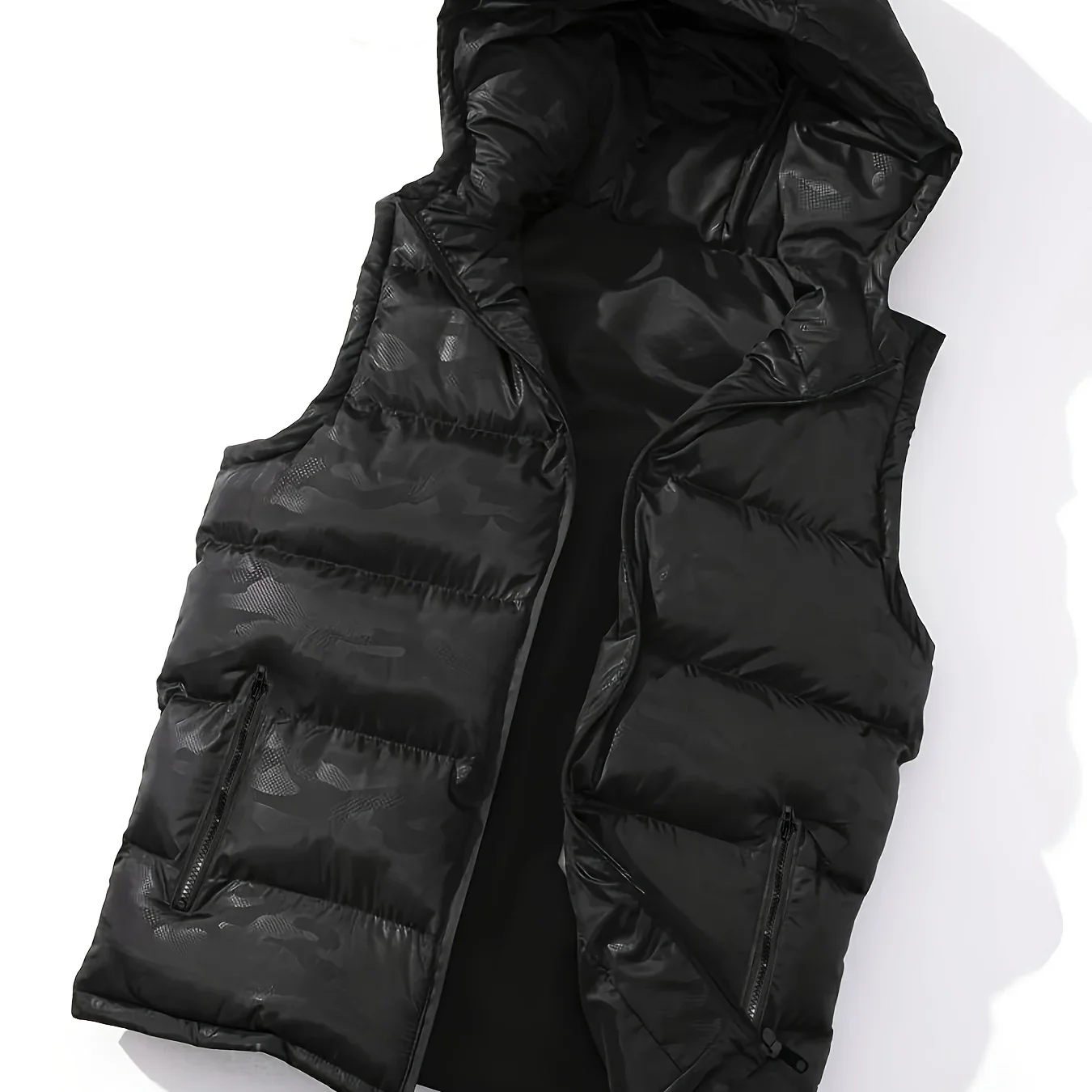 Plus Size Men\'s Fashion Hooded Vest Puffer, Solid Thick Sleeveless Puffer Jacket, Men\'s Clothing