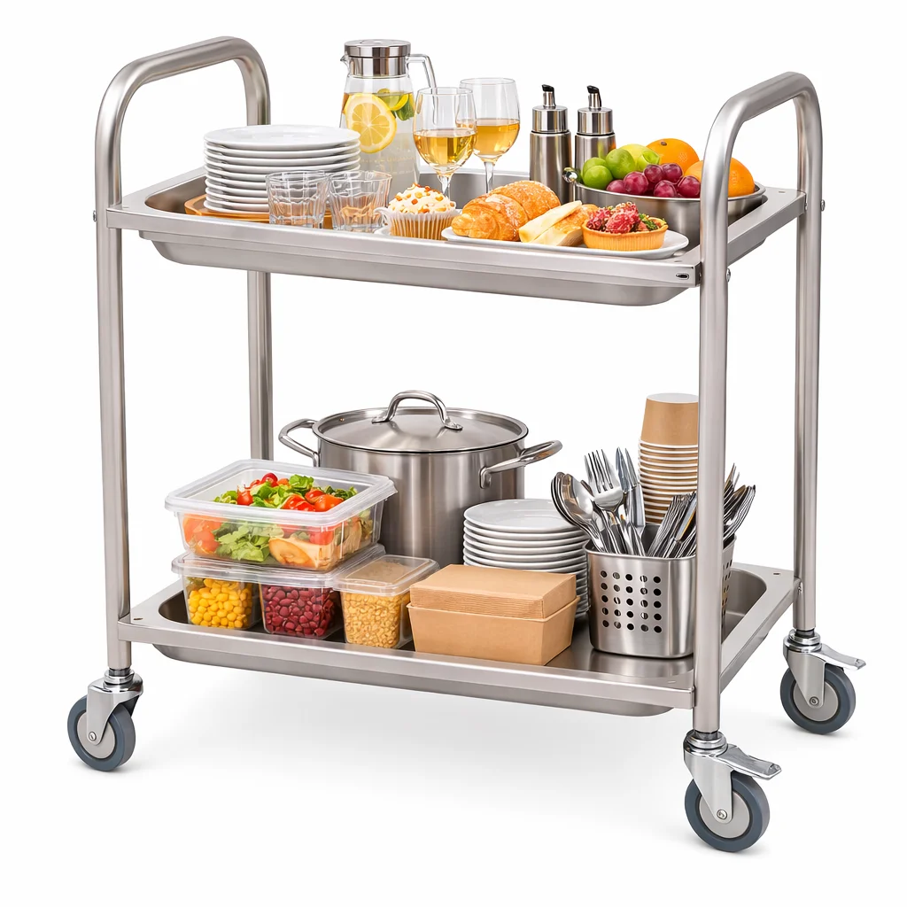 Commercial 201 Heavy Duty Undershelf Assemble Double Layer Stainless Steel Food Service Trolley Cart With Modible Casters