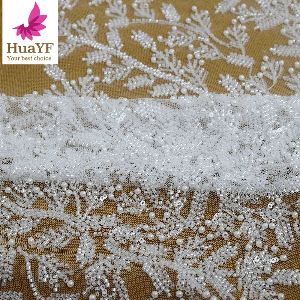 

New White 3D Leaf Beaded With Pearls Lace Tulle Wedding Bridal Dress Mesh Fabric Material 5 Yards HY2728