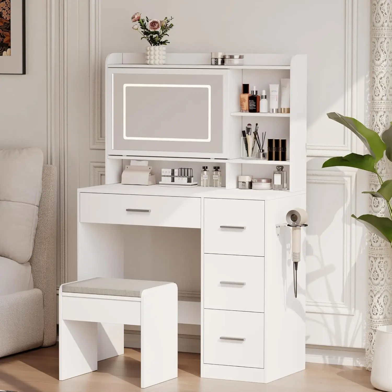 White Vanity Desk with Mirror, Lights, Chair & Drawers - Adjustable LED, Power Outlets