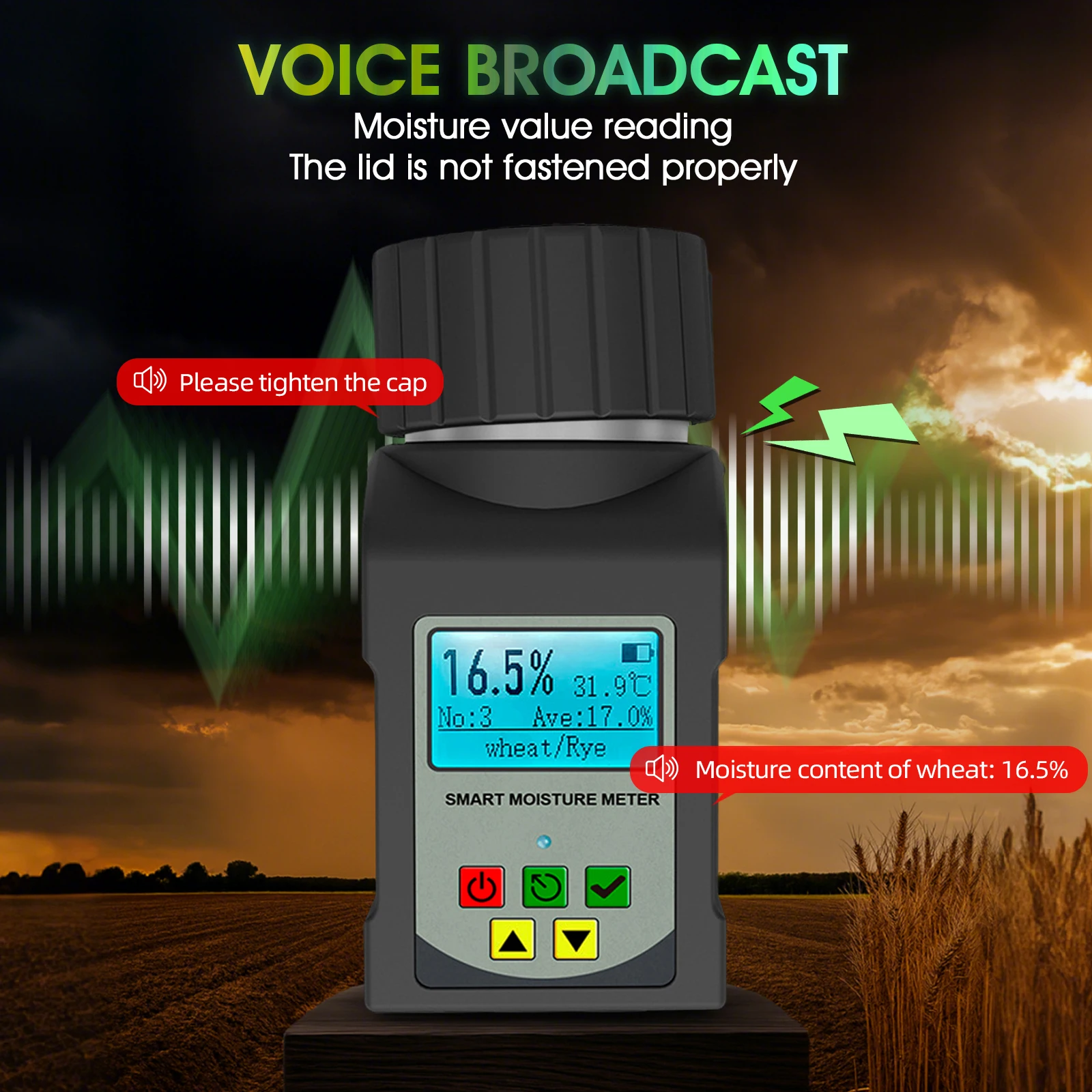 Portable 25-Grain Intelligent Moisture Tester with Digital Display, Voice Broadcast, and Data Hold Function