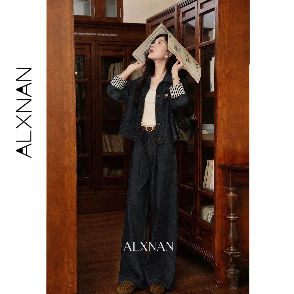ALXNAN Vintage Blue Jeans Women 2026 Vintage Loose-fit Wide-leg Straight Casual Pants Long Baggy Denim Pants Female L681186A