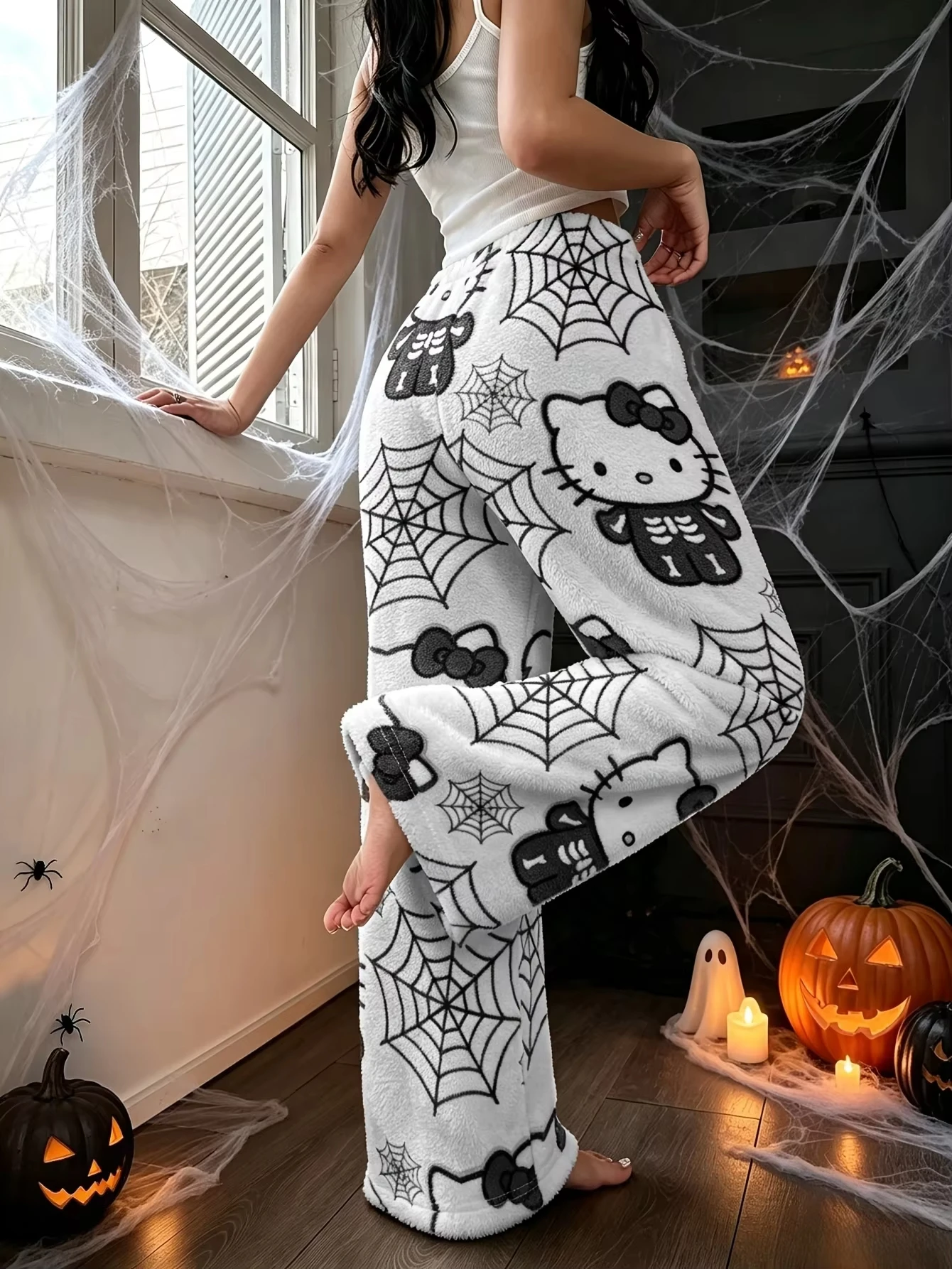 Hello Kitty Jack-o'-lantern Fleece Coral Pajama Pants Soft Trousers Men Women Casual Home Trousers Anime Cartoon Birthday Gift