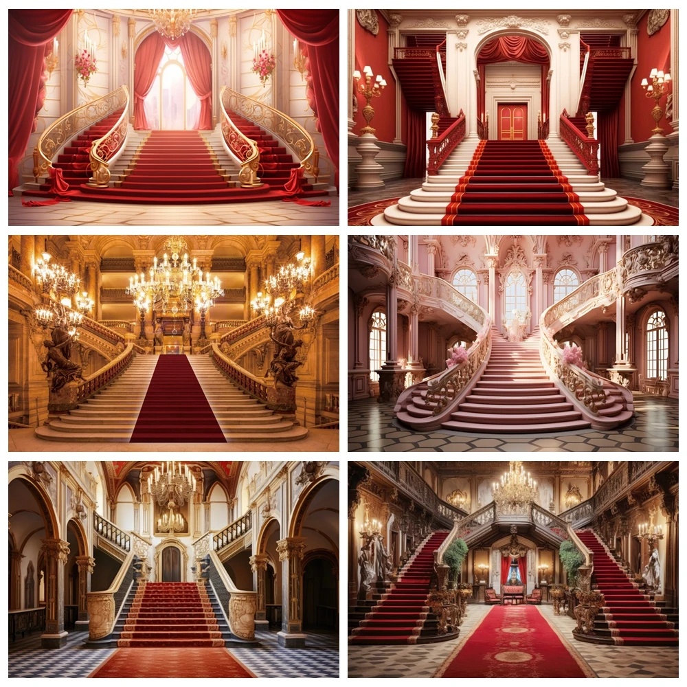 

Red Carpet Luxury Palace Stairs Backdrop for Photography Vintage Castle Church Wedding Birthday Party Decor Photo Background