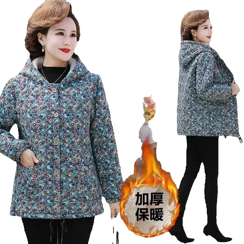 Winter My Mother Added Velvet Padded Floral Cotton-Padded Jacket For Middle-Aged And Elderly People Autumn And Winter Warm Coat