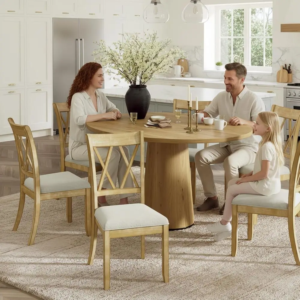 

Set of 6 Natural Farmhouse Dining Chairs with Upholstered Seats and Cross Backrests for Kitchen, Dining Room, and Cafe