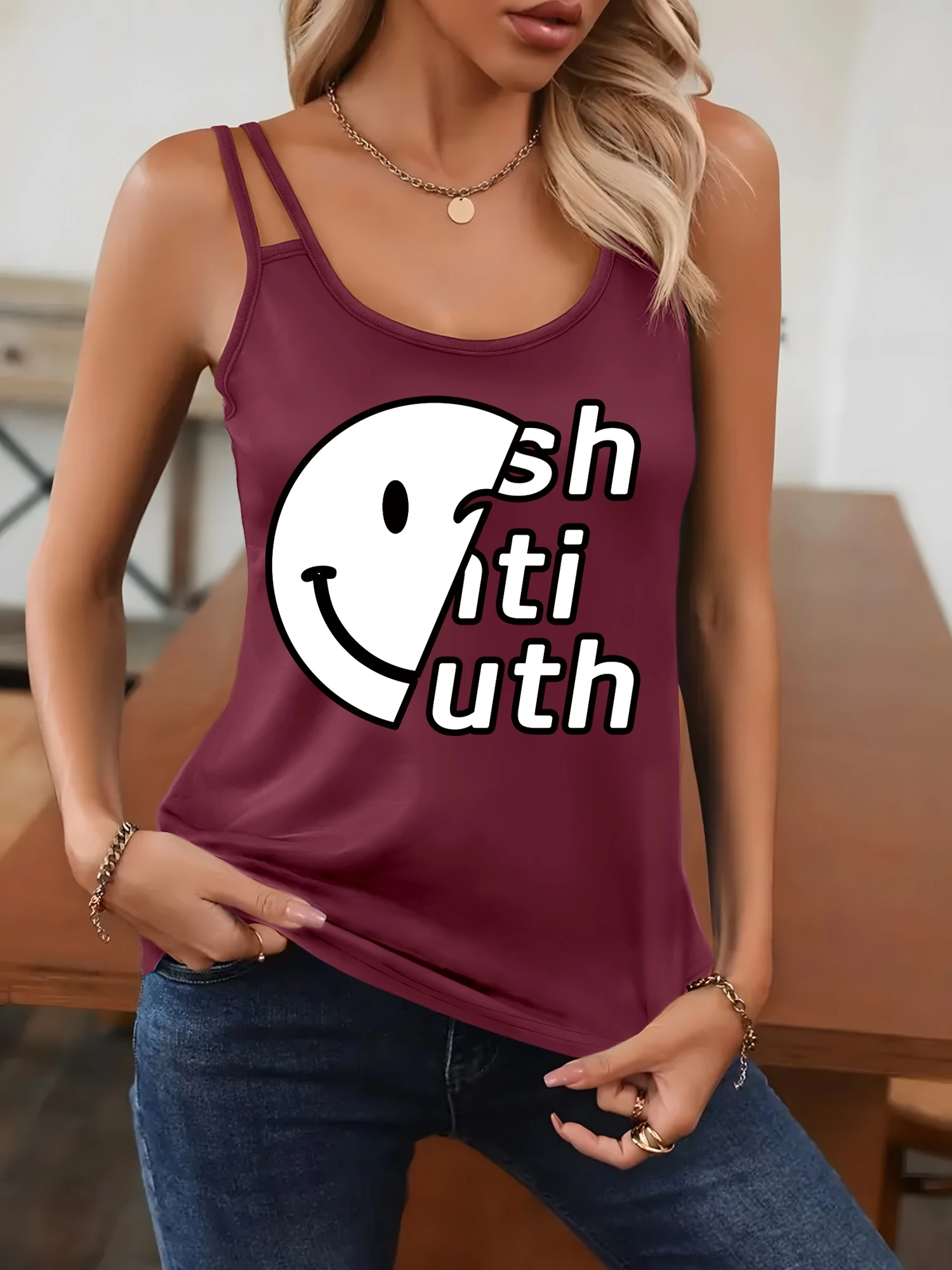 Débardeur femme à double bretelles, imprimé Smiley Crush Truth, sans manches, style camisole, gilet tendance pour l'été et le quotidien