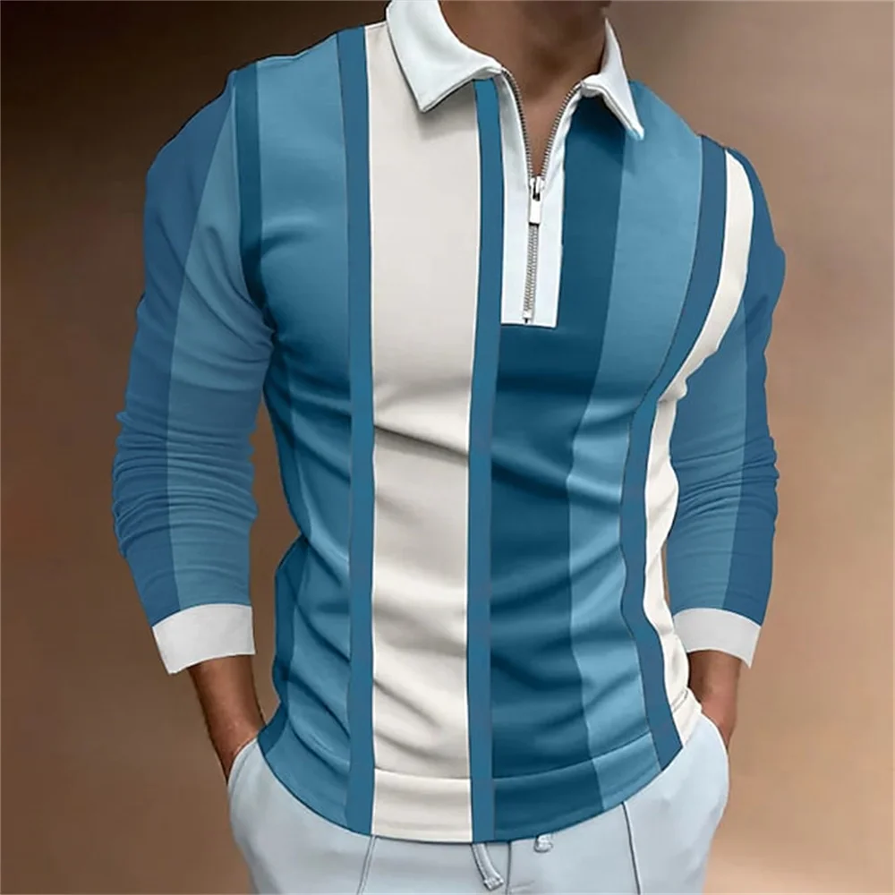 2024 Golf Wear Men Striped Print Microelastic Lapel Polo Shirts Men Top Porosity Fashion Zipper Long Sleeve T Shirt Men Clothing