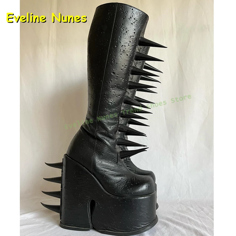 Black Spiked Platform Knee High Boots Women's Gothic Punk Height Increase Tall Boots Cosplay and Streetwear Style 2026 New Trend