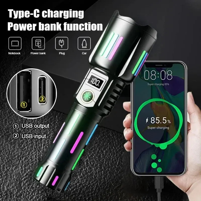 High Power White Laser Flashlight with Luminous Strips TYPE-C Rechargeable Zoomable Camping Lamp With Battery Indicator