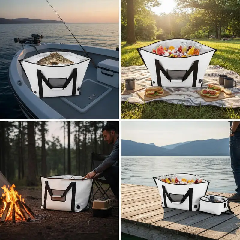 Sac isotherme de pêche 98cm en PVC, étanche, sans fuite, maintien au froid 24h, valve de vidange, blanc, pour poisson frais, bateau, pêche, camping, loisirs, extérieur, transport pliable