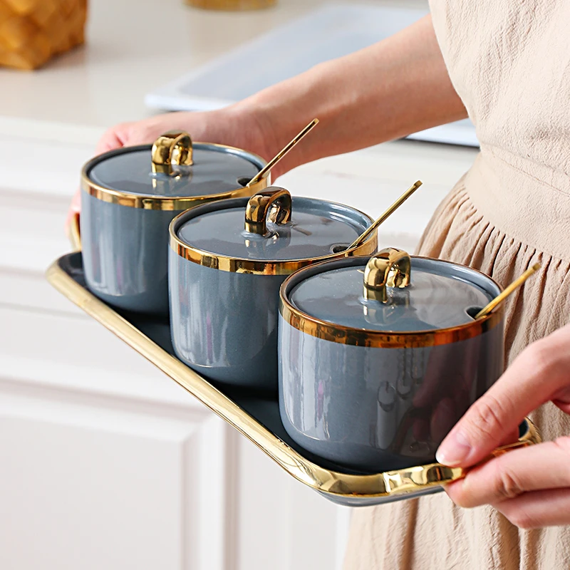 Nordic Ceramic Seasoning Pot Dark Green Gold Pattern Kitchen Storage Box Table Decoration Glass Jars and Lids
