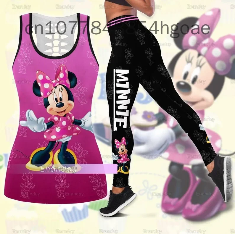 Disney Minnie Mouse Women's Hollow Vest + Women's y2k Leggings Yoga Suit Fitness Leggings Sports Suit Tank Top Legging Set