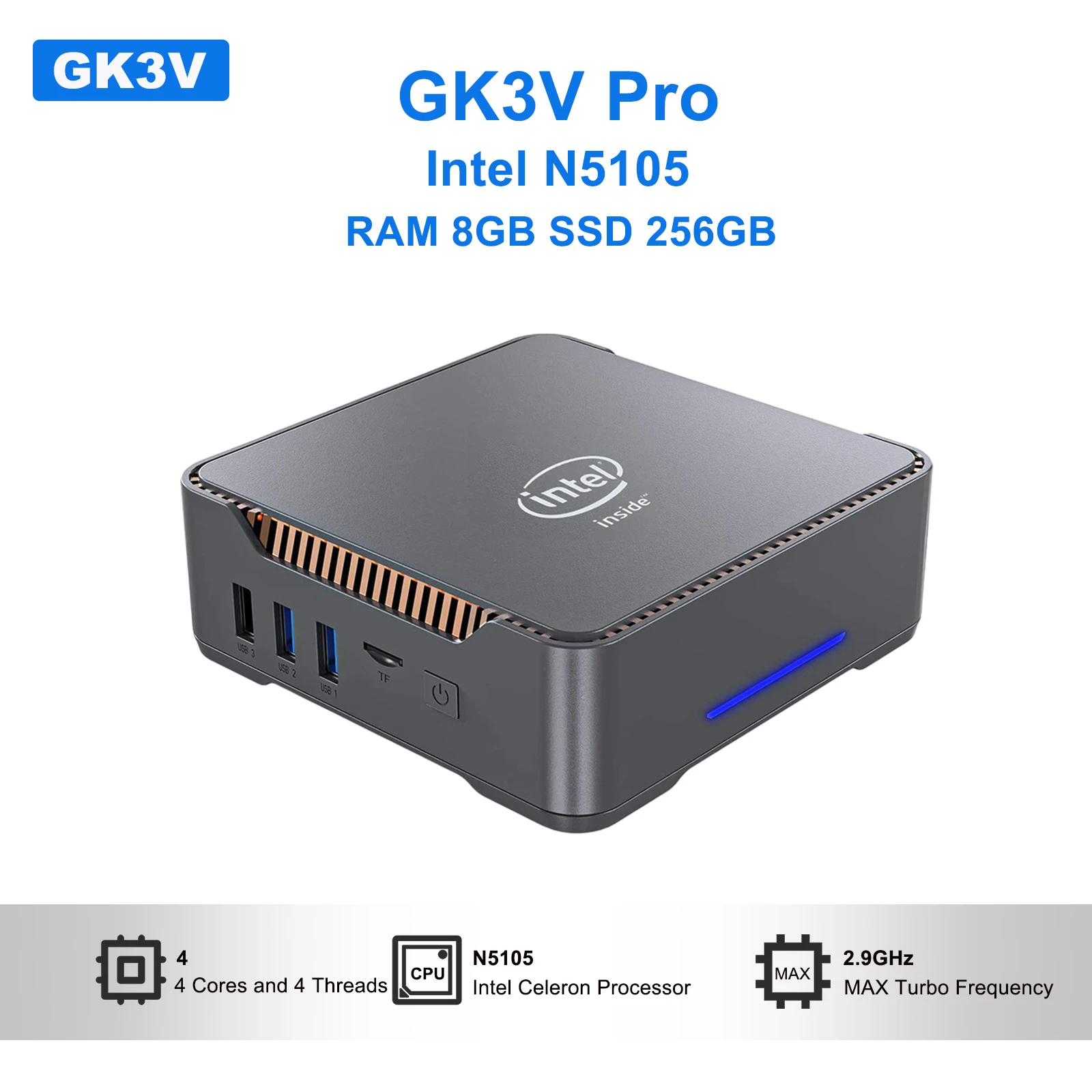 

Мини-ПК GK3V Pro, Intel N5105, 8 Гб SSD, 256 ГБ, BT4.2, Windows 11