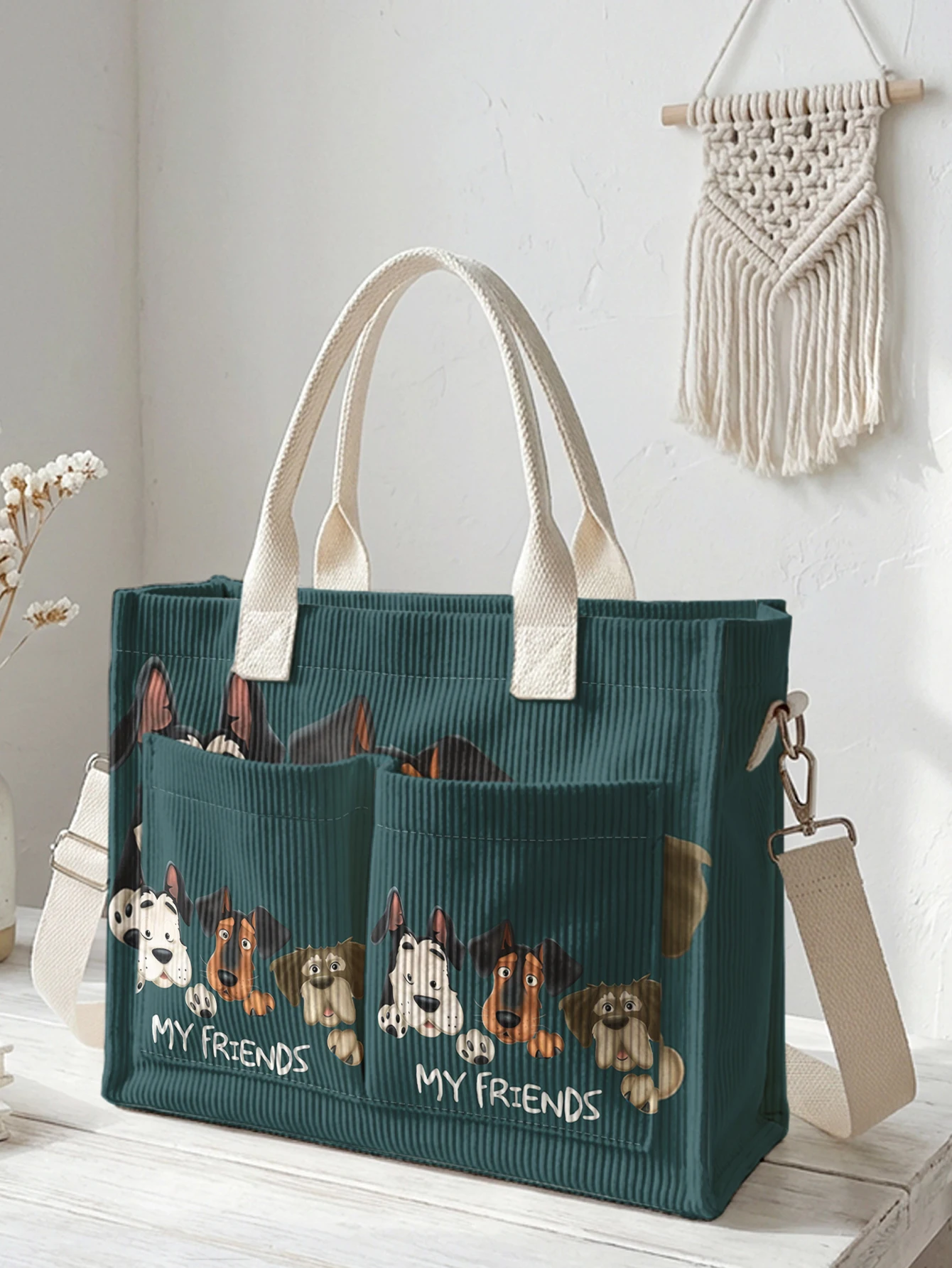 Bolso Tote de Pana Teal con Estampado de Perro Escondido de Dibujos Animados 'Mis Amigos', Gran Capacidad, Múltiples Bolsillos, Bolso de Hombro para Amantes de los Perros y Viajeros