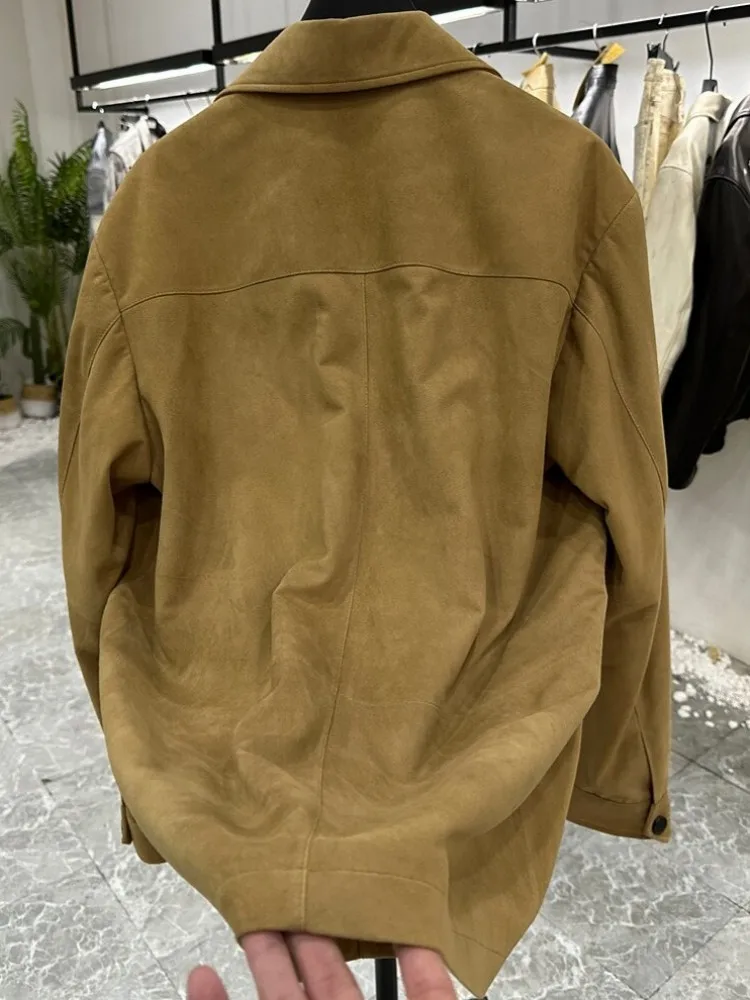 Retro Male Loose Turn Down Collar Genuine Leather Jacket Solid Color Sheep Suede Long Sleeves Men Single-Breasted Outerwear