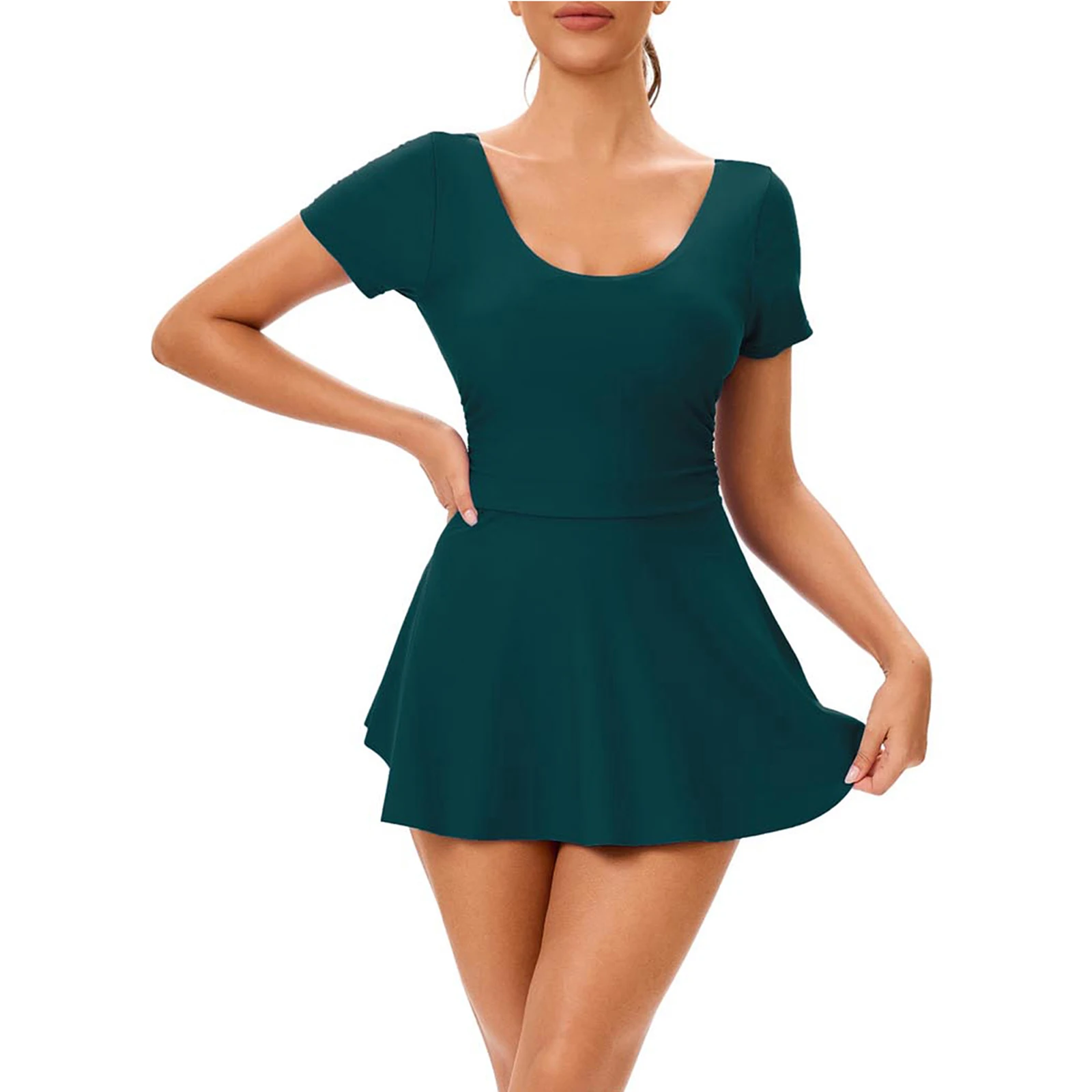 Women 2-Pcs Bathing Suit Swimsuit Summer Fashion Solid Color Swimwear U Neck Backless Short Sleeves Dress with Briefs Beach Wear