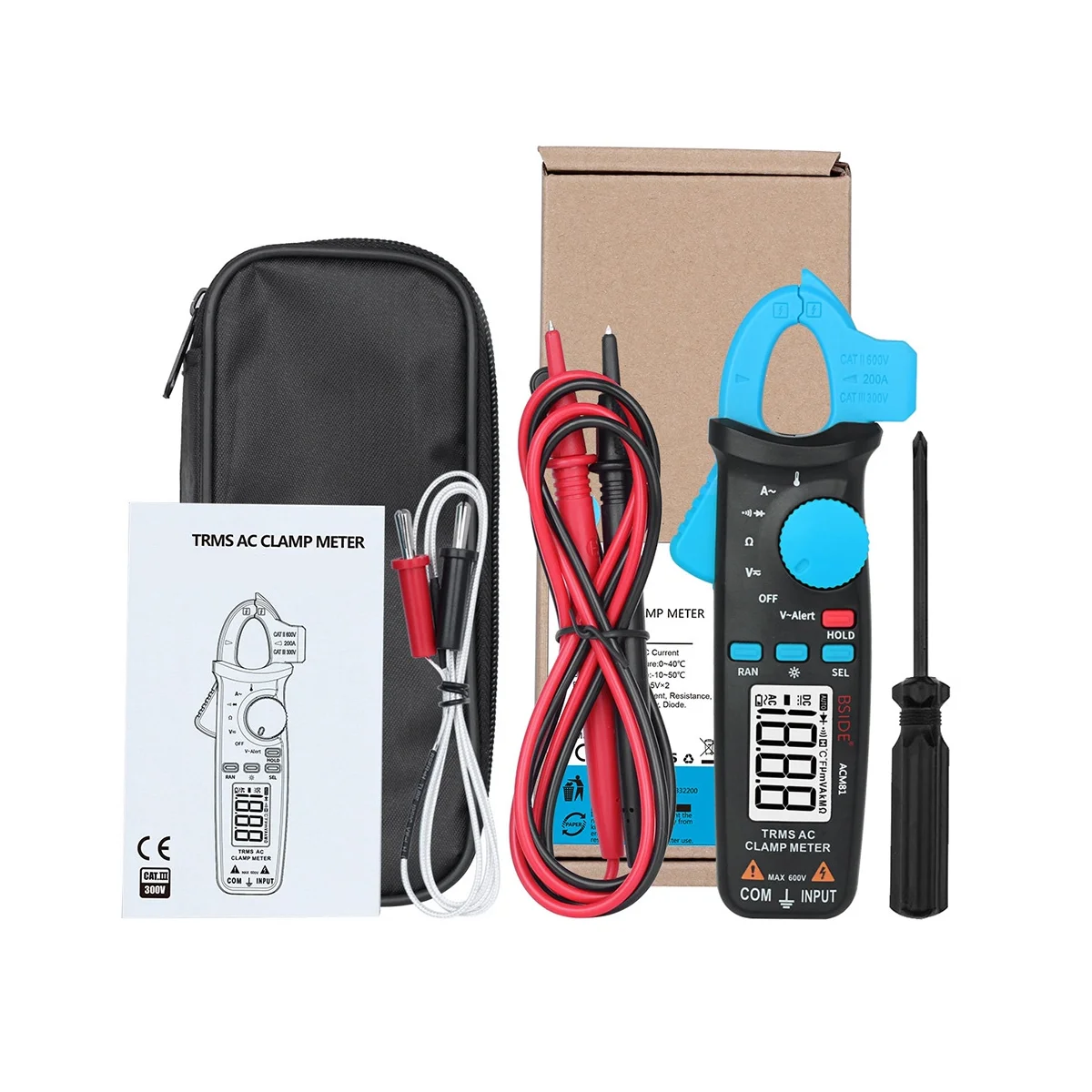 

BSIDE ACM81 Digital Clamp Meter Auto-Rang TRMS 200A Current DC AC Multimeter Vol Ohm Diode Temperature NCV Tester Blue