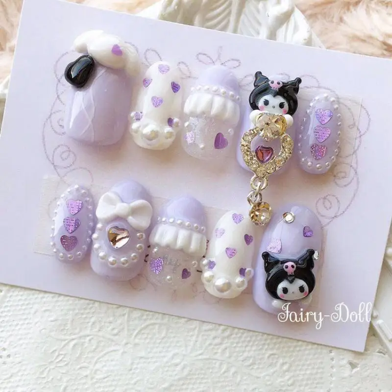 Hand Drawn Sanrios Kuromi Wearing Armor Charm Hellokitty Cinnamoroll Melody False Nail Pochacco Luxurious Diamond Manicure Gifts