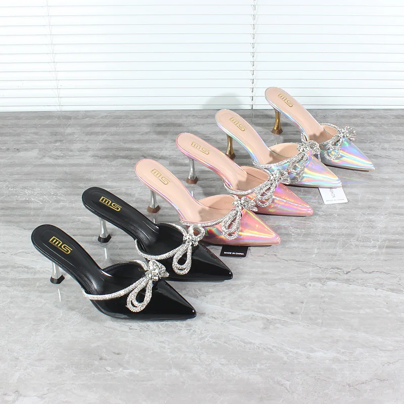 Modern Slippers 2024 Summer New Laser Pointed Toe Crystal Bow High Heel Slippers Thin Heel Sexy Outer Women's Sandals