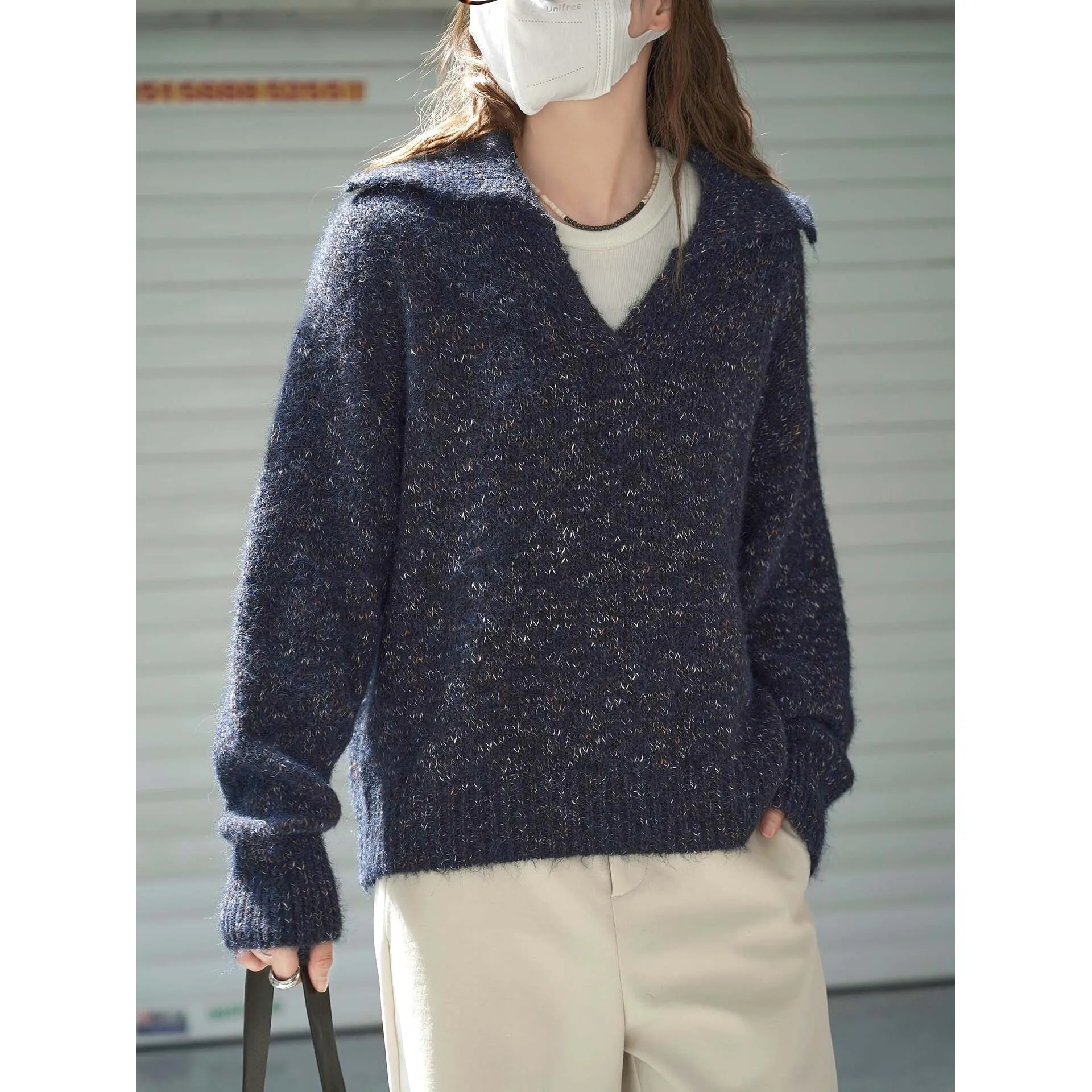 

Зимний шерстяной вязаный свитер с v-образным вырезом и разноцветной текстурой для женщин, топ для похудения