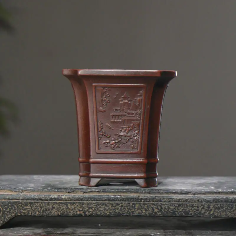 Square purple clay flower pot carving landscape Chinese style classical antique square pot Home Desktop Decor