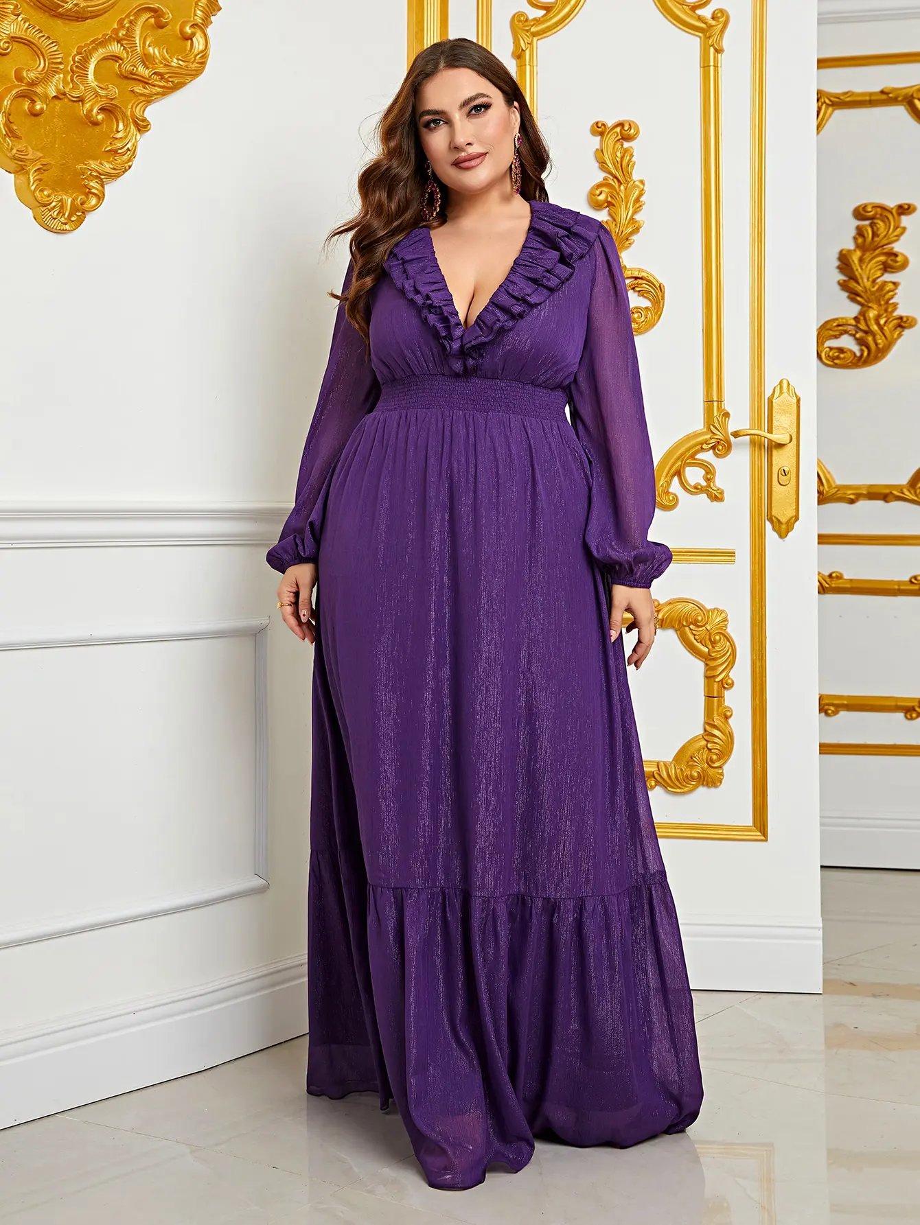 Plus Size Sweetheart Backless Long Sleeve Chiffon A line Dresses