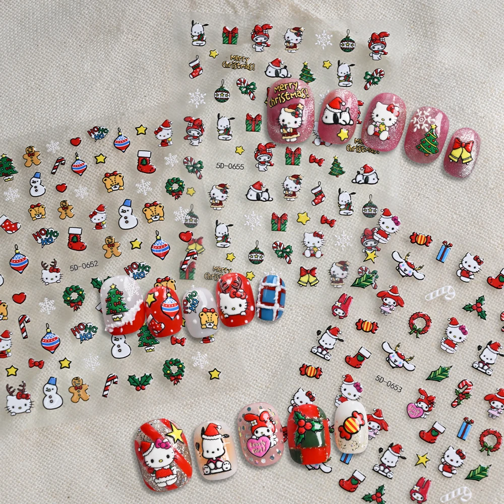 6 pçs vermelho natal olá kitty adesivos de unhas estrela de natal doce cana presente olá kitty dos desenhos animados crianças decalques de unhas adesivos decorativos