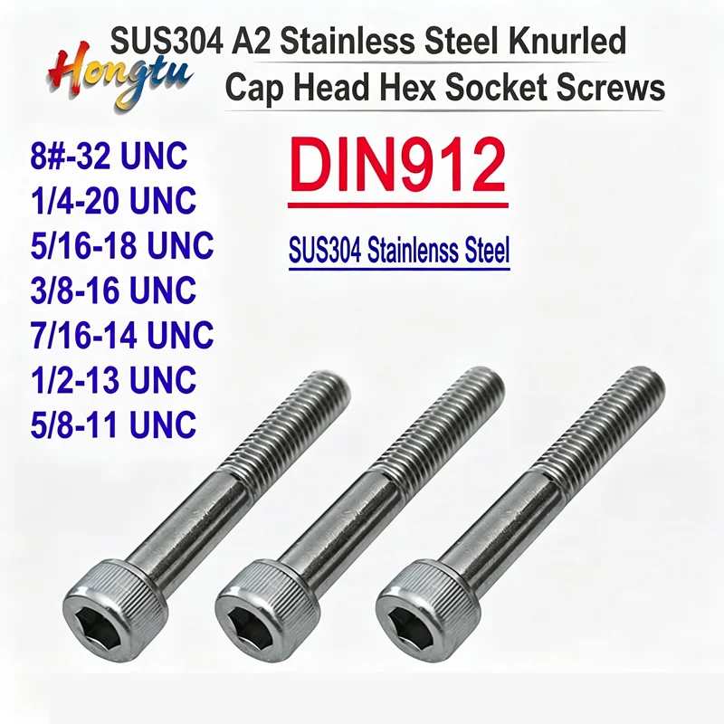 SUS304 A2 Stainless Steel Knurled Cap Head Hex Socket Screws DIN912 Partial Thread UNC Allen Bolts
