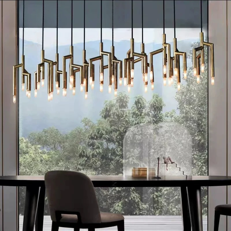 Luxury Geometric Pipe Shaped Linear Chandelier Modern Gold Metal LED Hanging Lamp Artistic Multi Head Pendant Light for Kitche