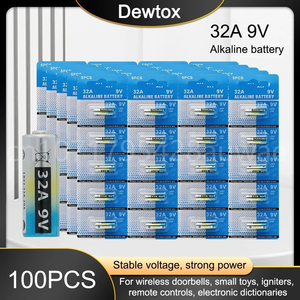 Batterie pour clé de moto, télécommande, alarme de sécurité, stylo laser, torche jouet, 32A, LR32, 29A, L822, 9V, 100 pièces
