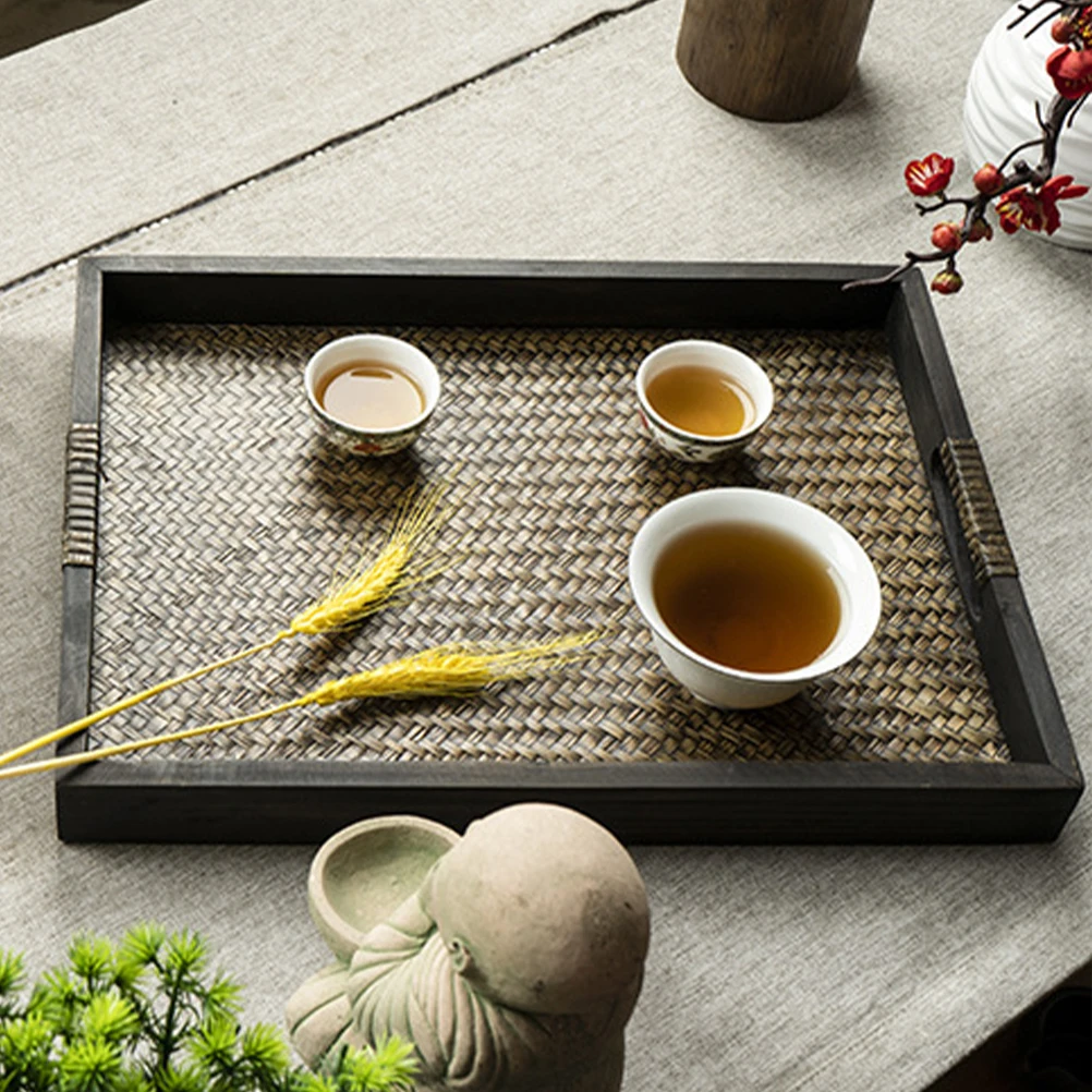 

Wooden Large Bamboo Tea Serving Square Wicker Plates Snack Tray Non Slip Food Tray Table Cup Storage Ideal for Parties