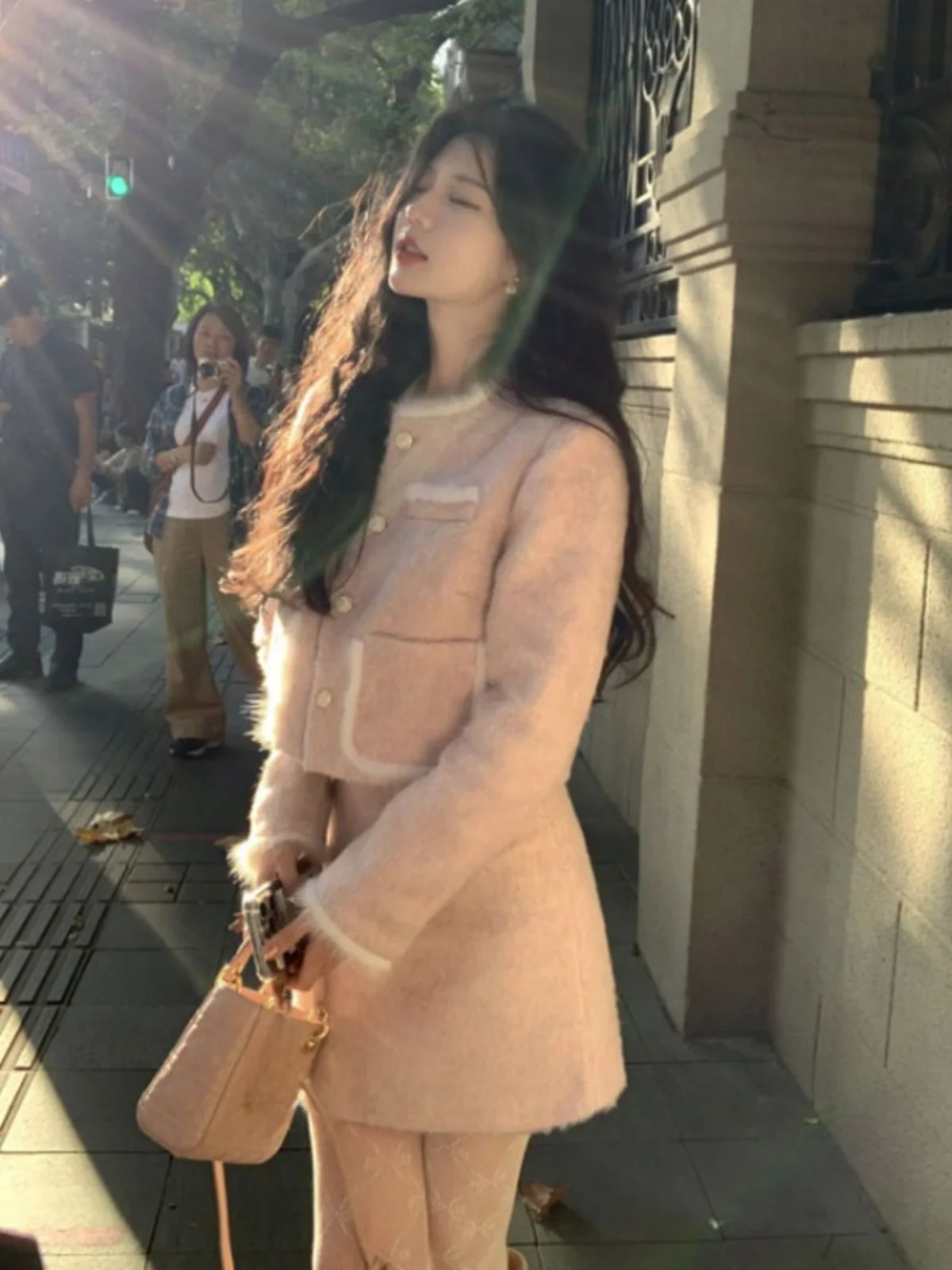 

Style Pink Fluffy Jacket And Skirt Set Fashionable Two-Piece Suit Early Spring Outfit Cotton Comfortable Short Sl...