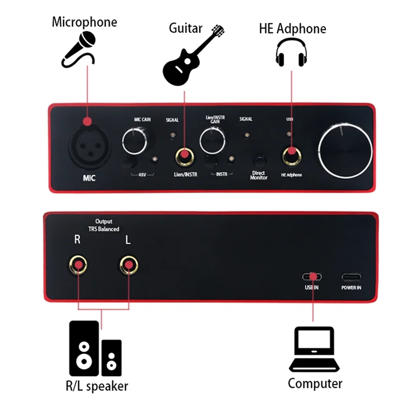 CABE-2X2 Professional USB Recording Sound Card Part With A High-Precision 24-B192 Khz Ad-Da Converter For Recording Guitar Live