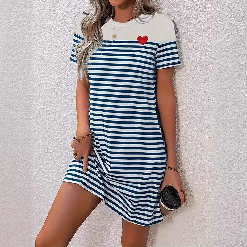 2025 women's summer dress casual women's round neck black and white striped short sleeved color blocked T-shirt