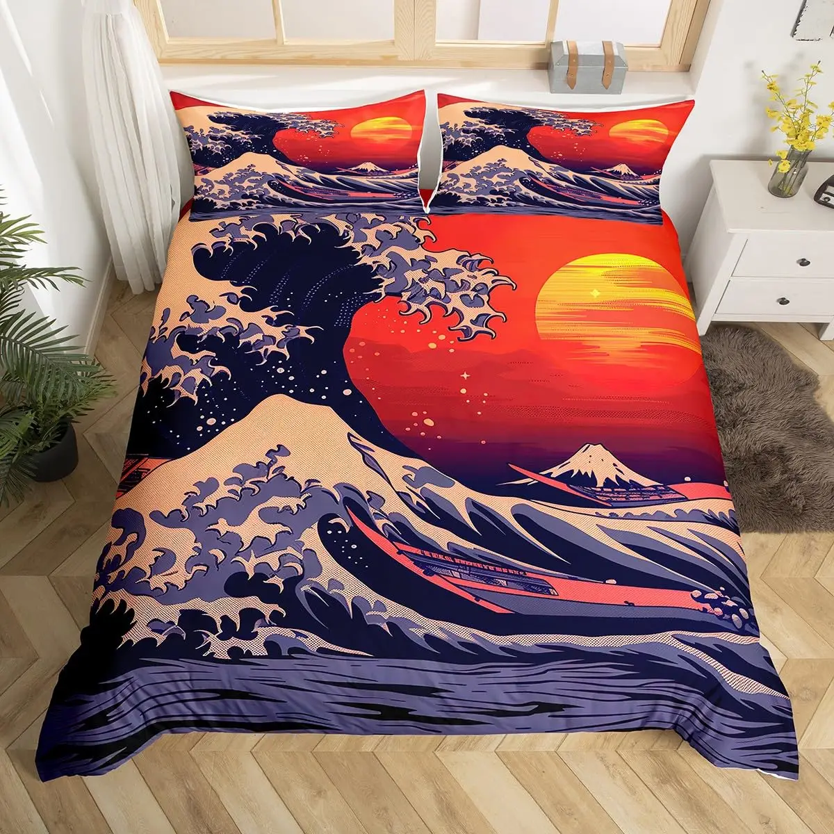 Japanese Wave Duvet Cover Queen Ocean Wave Bedding Set Japanese Ukiyo E Theme Comforter Cover Pink Japanese-Style Quilt Cover